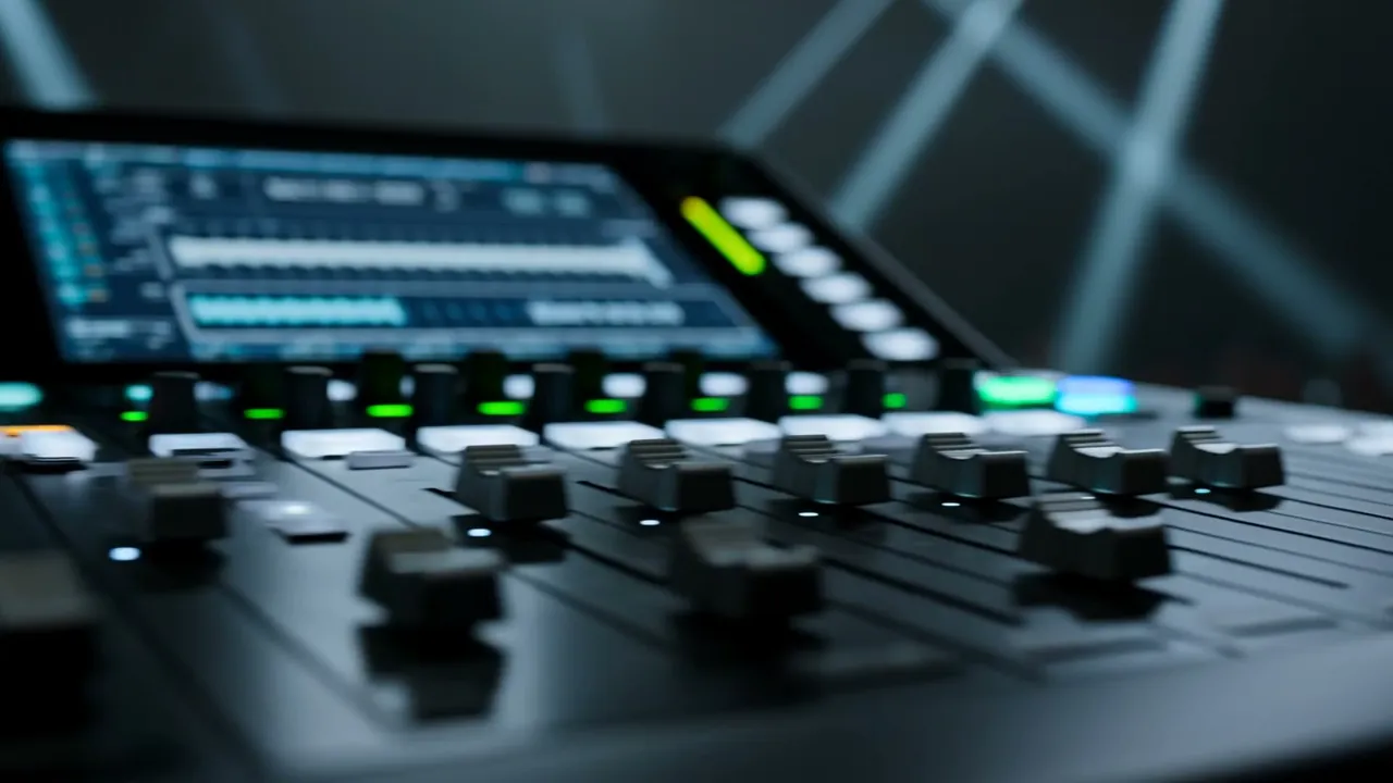 Lighting console faders and cue screen with beams crossing behind